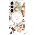 Capa MagSafe Samsung Galaxy S25 Guess Glitter Flowers Triangle Buttons - Branco