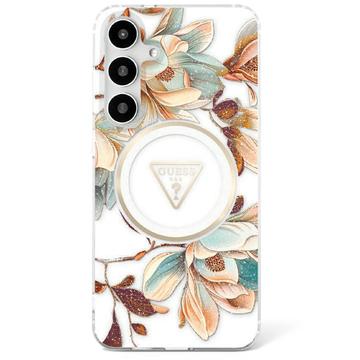 Capa MagSafe Samsung Galaxy S25 Guess Glitter Flowers Triangle Buttons - Branco