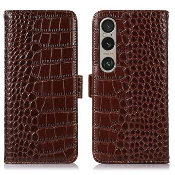 Bolsa de Pele Tipo Carteira Crocodile com RFID para Sony Xperia 1 VI - Castanho