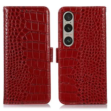 Bolsa de Pele Tipo Carteira Crocodile com RFID para Sony Xperia 1 VI - Vermelho