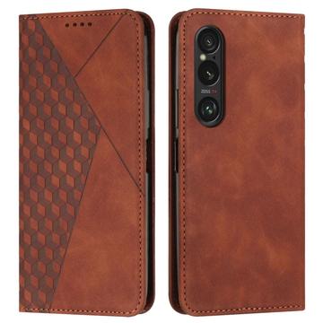 Capa para carteira com padrão de losango para Sony Xperia 1 VI com fecho magnético - castanho