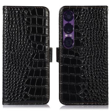 Bolsa de Pele Tipo Carteira Crocodile com RFID para Sony Xperia 1 VII - Preto
