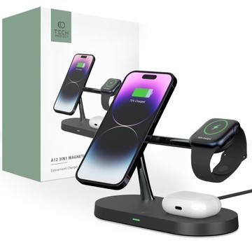 Carregador sem fios 3 em 1 MagSafe Tech-Protect A12 15W com lâmpada LED incorporada - Preto