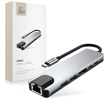 Adaptador de hub USB-C 6 em 1 Tech-Protect HB02 com USB 2.0, USB 3.0, HDMI 4K 30Hz, Ethernet RJ45 e USB-C 100W PD - Cinzento espacial