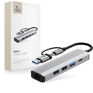 Adaptador de hub USB-C 5 em 1 Tech-Protect HB03 com USB 2.0, USB 3.0, Ethernet RJ45 e Type-C - Cinzento espacial