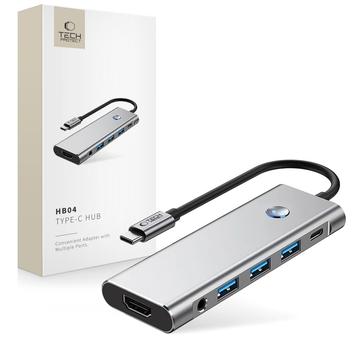 Tech-Protect HB04 Adaptador de concentrador USB-C 9 em 1 com USB-A/HDMI/SD/TF Leitor de cartões/USB-C 100W PD/3.5mm - Cinzento espacial