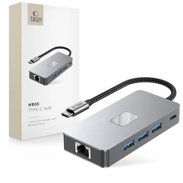 Adaptador de concentrador USB-C 9 em 1 Tech-Protect HB05 com HDMI 4K 60Hz, leitores de cartões SD/TF, USB-C 100W PD, Ethernet RJ45, USB 3.0/2.0 - Cinzento espacial