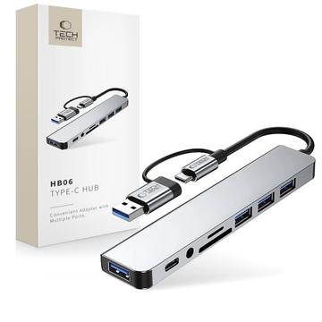 Adaptador de hub USB-A/USB-C 9 em 1 Tech-Protect HB06 com USB 2.0, USB 3.0, leitores de cartões SD/TF, tomada de áudio de 3.5mm, tipo C - Cinzento espacial