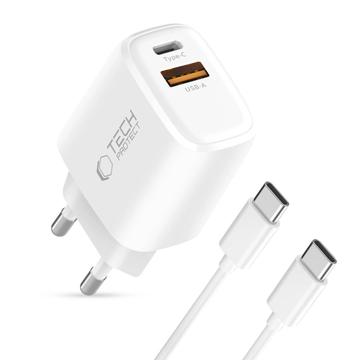 Carregador de porta dupla PD 20W/QC3.0 Tech-Protect NCA20 com cabo USB-C - Branco