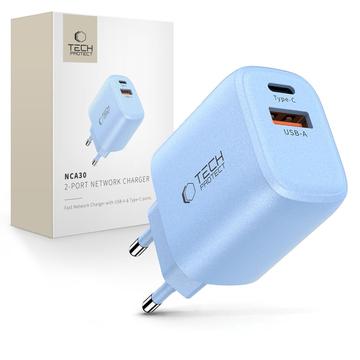 Carregador de porta dupla Tech-Protect NCA30 - 30W USB-C PD e 18W USB-A QC3.0 - Azul bebé