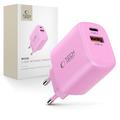 Carregador de porta dupla Tech-Protect NCA30 - 30W USB-C PD e 18W USB-A QC3.0 - Rosa bebé