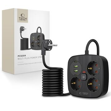 Extensão de alimentação Tech-Protect PCS3X4 - 3 tomadas CA, 2 portas USB-A e 2 portas USB-C, cabo de 2m