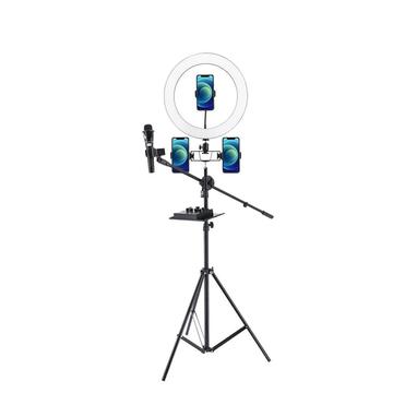 UN-700 Anel de luz LED de 10\'\' com suporte para tripé, bandeja para cartão de som e 3 suportes para telemóvel para selfie, vídeo, fotografia e maquilhagem