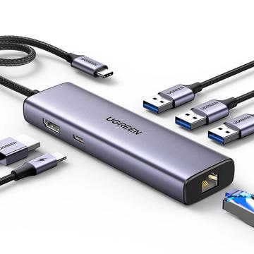 Hub USB-C 7 em 1 Ugreen CM512 - 3x USB-A, 1x USB-C, 1x HDMI, 1x RJ45 - Cinzento