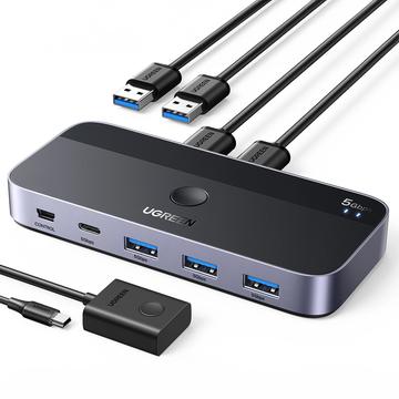 Ugreen USB 3.0 2 em 4 Switch 2x entrada USB-A, 3x USB-A + 1x saída USB-C - Preto