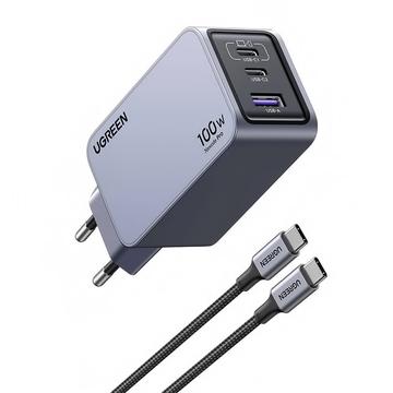 Ugreen X757 Nexode Pro Carregador rápido GaN PD de 3 portas com cabo USB-C - 100W - Cinzento