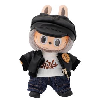 Conjunto de roupa estilo aviador vintage para boneca Labubu 17cm - 5 peças - Preto