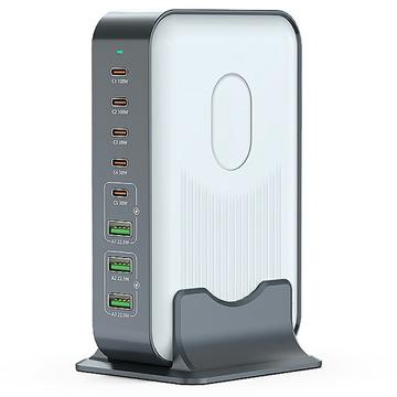 Estação de carregamento de secretária de 8 portas WLX-F8B GaN para computadores portáteis, tablets e telemóveis - 200W