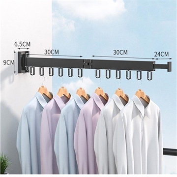 Estendal de parede / Estendal de secar roupa em alumínio - Dobrável, 2 articulações - Preto