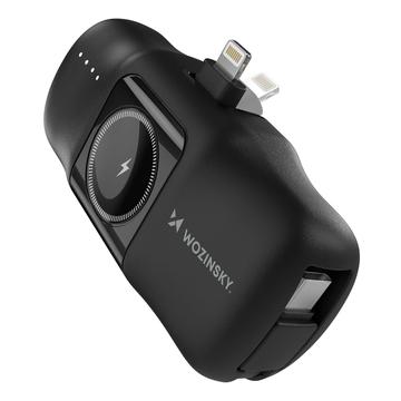 Wozinsky WF16-YLS 5000mAh Banco de potência Lightning com cabo USB-C incorporado e carregador para Apple Watch - 15W - Preto