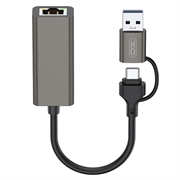 XO HUB018 Adaptador 2 em 1 USB-C / USB-A para Ethernet - RJ45, 100Mbps - Cinzento