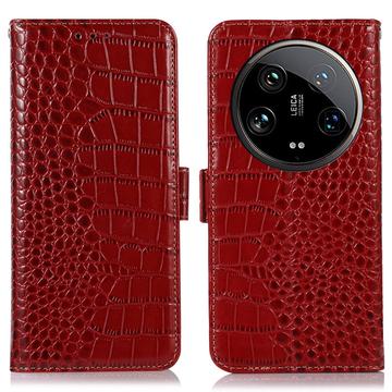 Bolsa de Pele Tipo Carteira Crocodile com RFID para Xiaomi 14 Ultra - Vermelho