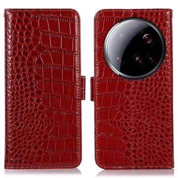 Bolsa de Pele Tipo Carteira Crocodile com RFID para Xiaomi 15 Ultra - Vermelho