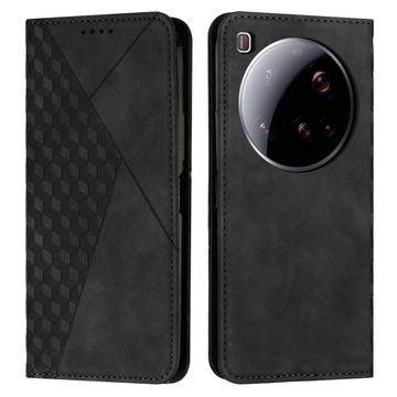 Capa para carteira com padrão de losango e fecho magnético para Xiaomi 15 Ultra - Preto