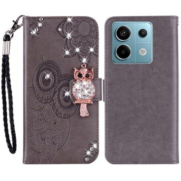 Capa de carteira com strass de coruja para Xiaomi Redmi Note 13 Pro/Poco X6