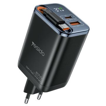 Carregador rápido Yesido YC100 67W com cabo USB-C retrátil - Preto