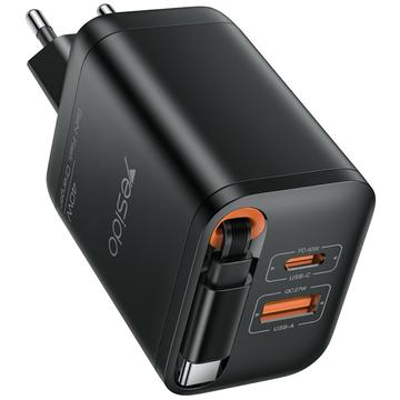 Carregador rápido Yesido YC99 40W com cabo USB-C retrátil - Preto
