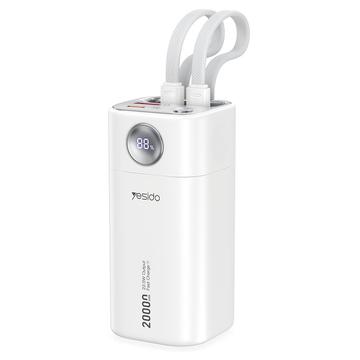 Yesido YP86 20000mAh Power Bank com cabos USB-C e Lightning integrados - 22.5W - Branco