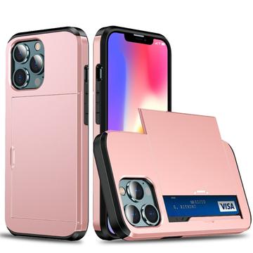 Capa Híbrida com Slot para Cartão Deslizante para iPhone 13 Pro - Cor-de-Rosa Dourado