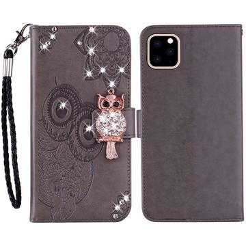 Capa para carteira iPhone 14 Pro Max Owl Rhinestone - Cinzento