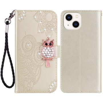 Capa para carteira iPhone 15 Owl Rhinestone - Ouro