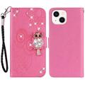 Capa para carteira iPhone 15 Plus Owl Rhinestone - Cor-de-Rosa Forte