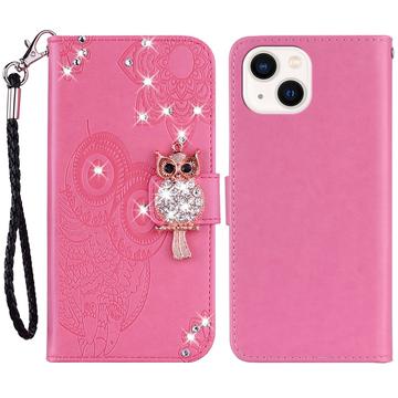 Capa para carteira iPhone 15 Plus Owl Rhinestone - Cor-de-Rosa Forte