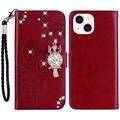 Capa para carteira iPhone 15 Plus Owl Rhinestone - Vermelho