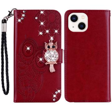 Capa para carteira iPhone 15 Plus Owl Rhinestone - Vermelho