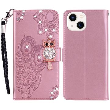 Capa para carteira iPhone 15 Plus Owl Rhinestone - Rose Gold