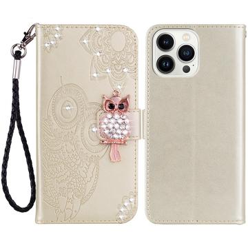 Capa para carteira iPhone 15 Pro Max Owl Rhinestone - Ouro