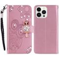 Capa para carteira iPhone 15 Pro Max Owl Rhinestone - Rose Gold