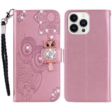 Capa para carteira iPhone 15 Pro Max Owl Rhinestone - Rose Gold