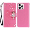 Capa para carteira iPhone 15 Pro Owl Rhinestone - Cor-de-Rosa Forte