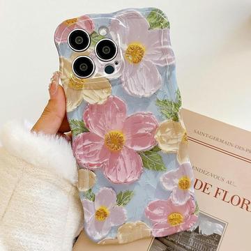 Capa TPU para iPhone 15 Pro com rebordo ondulado e pintura a óleo - Flores