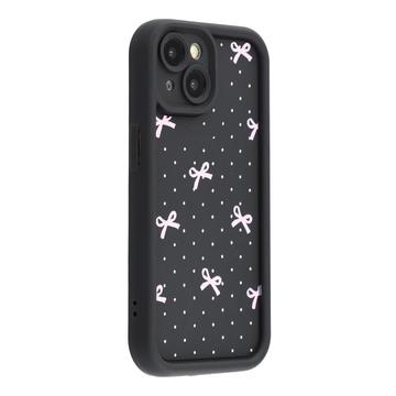 Capa TPU elegante à prova de choque para iPhone 15 com rebordos elevados - Preto / laço com bolinhas
