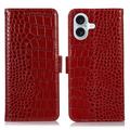 Bolsa de Pele Tipo Carteira Crocodile com RFID para iPhone 16 - Vermelho