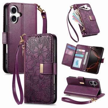 Capa para carteira com padrão floral e de folhas para iPhone 16 com bolso com fecho de correr e correia de pulso - púrpura