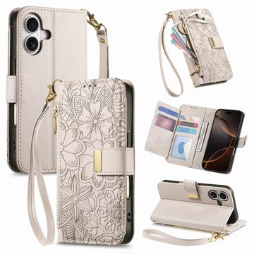 Capa para carteira com padrão floral e de folhas para iPhone 16 com bolso com fecho de correr e correia de pulso - Branco