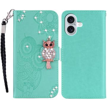 iPhone 16 Capa para carteira com strass de coruja - Ciano